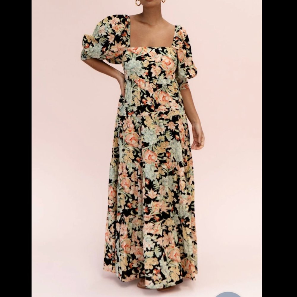 Posse Sadie Black Floral Tiered Puff Sleeve Maxi Dress Sz XS NWT